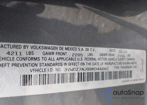 2011 Volkswagen Jetta 2.5L Se из США, поврежденный, VIN 3VWDZ7AJXBM344262